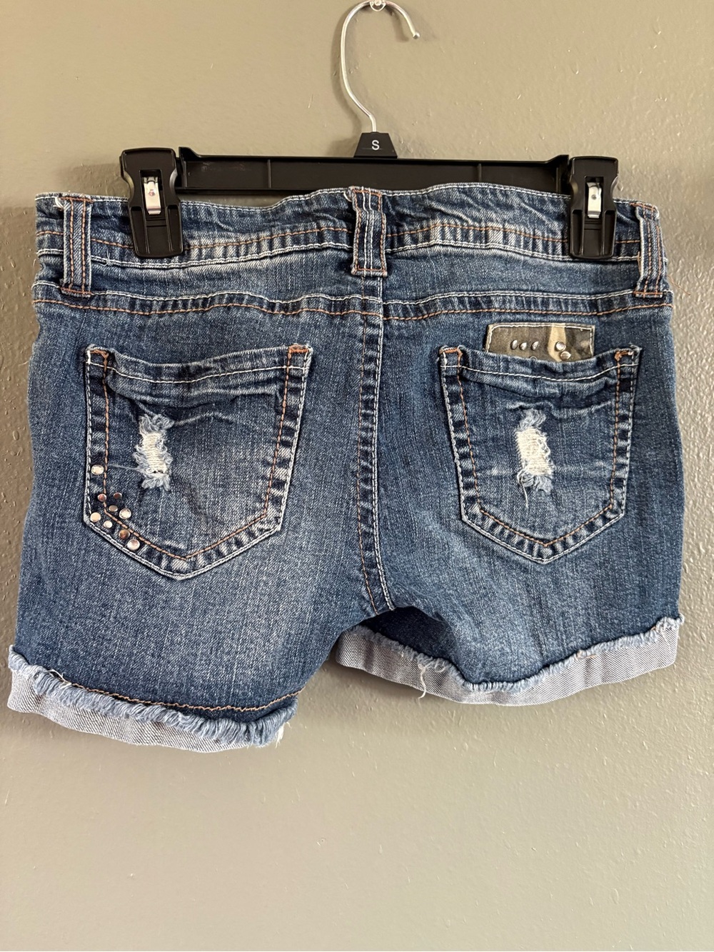 Size 7 Denim Distressed Camo Pocket Women’s Shorts  adorned with studs &jewels